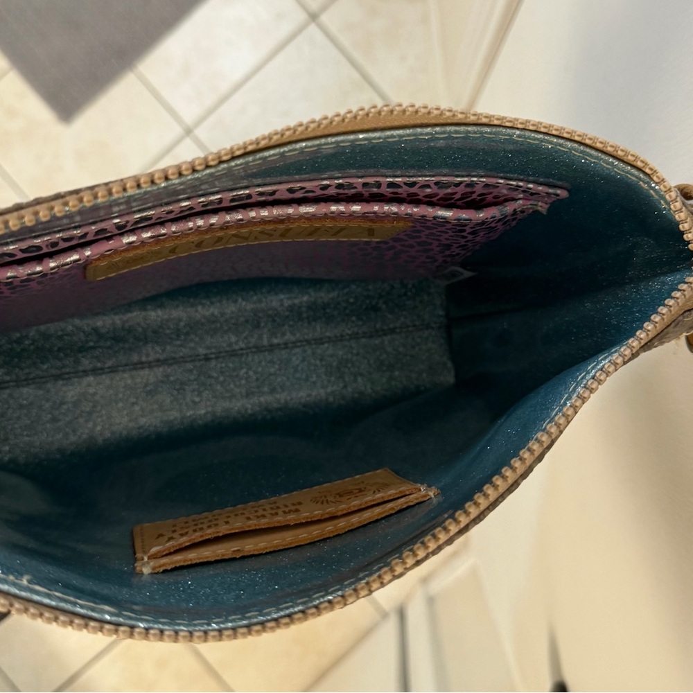 Taupe Leather Crossbody Bag with Colorful Woven Strap - Picture 4 of 13
